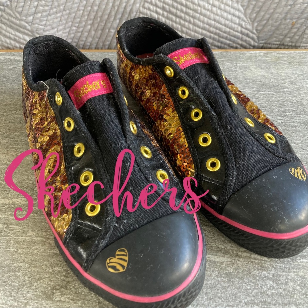 Skechers Womens Gold Sequins Sneakers Tennis Shoes 7